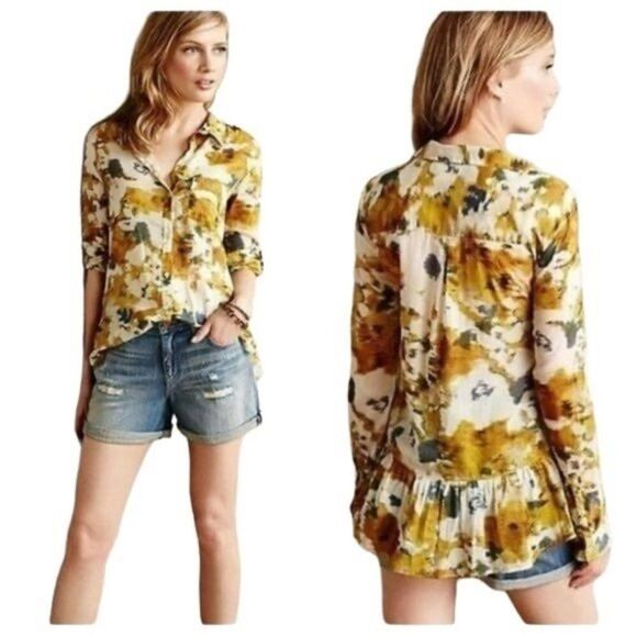 Anthropologie Tops - Anthropologie Holding Horses Watercolor Peplum Button Down Shirt